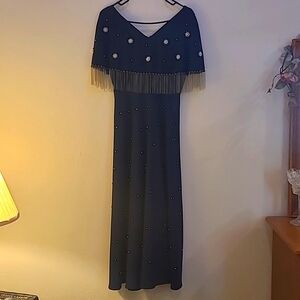 SHEIN, S, Navy Beaded Dress W Pearl Silver And Gold Accents